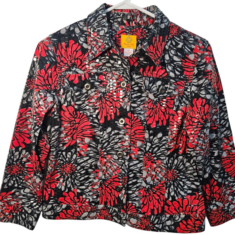Ruby Road Petite Black Red Gray Shiny Embellished Cropped Button Up Jacket 8P